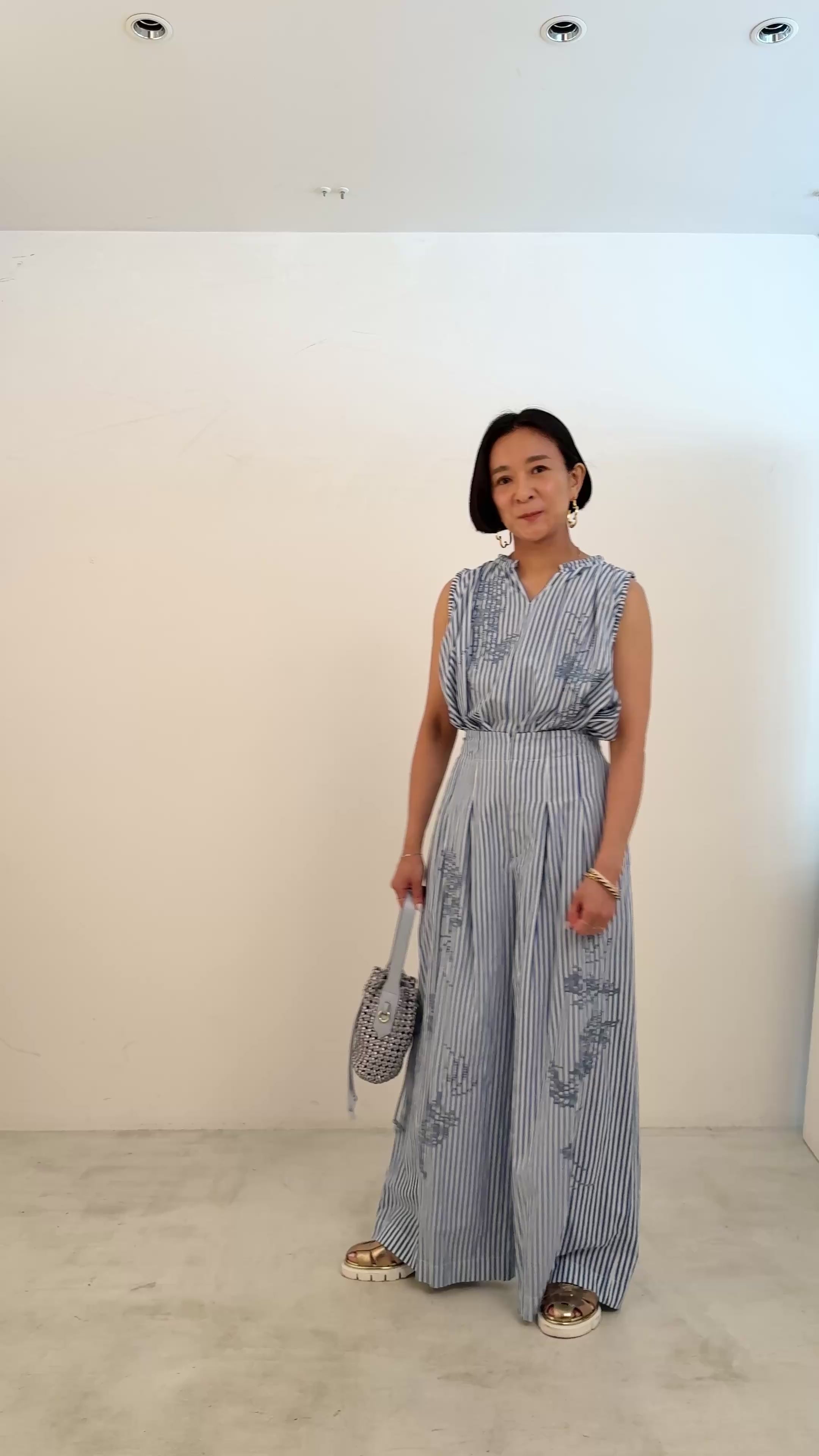 ストライプ刺繍ワイドパンツ COTTON STRIPE IVY FLOWER EMBROIDERY PANTS